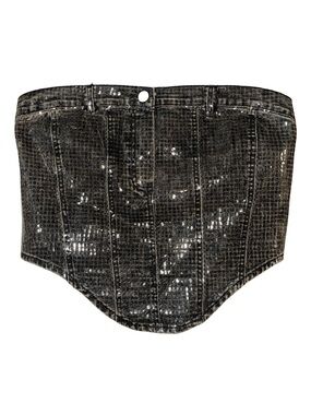 Black Denim Pants illusion Top | SequiN Strapless Crop Top from Brazil | L NWOT